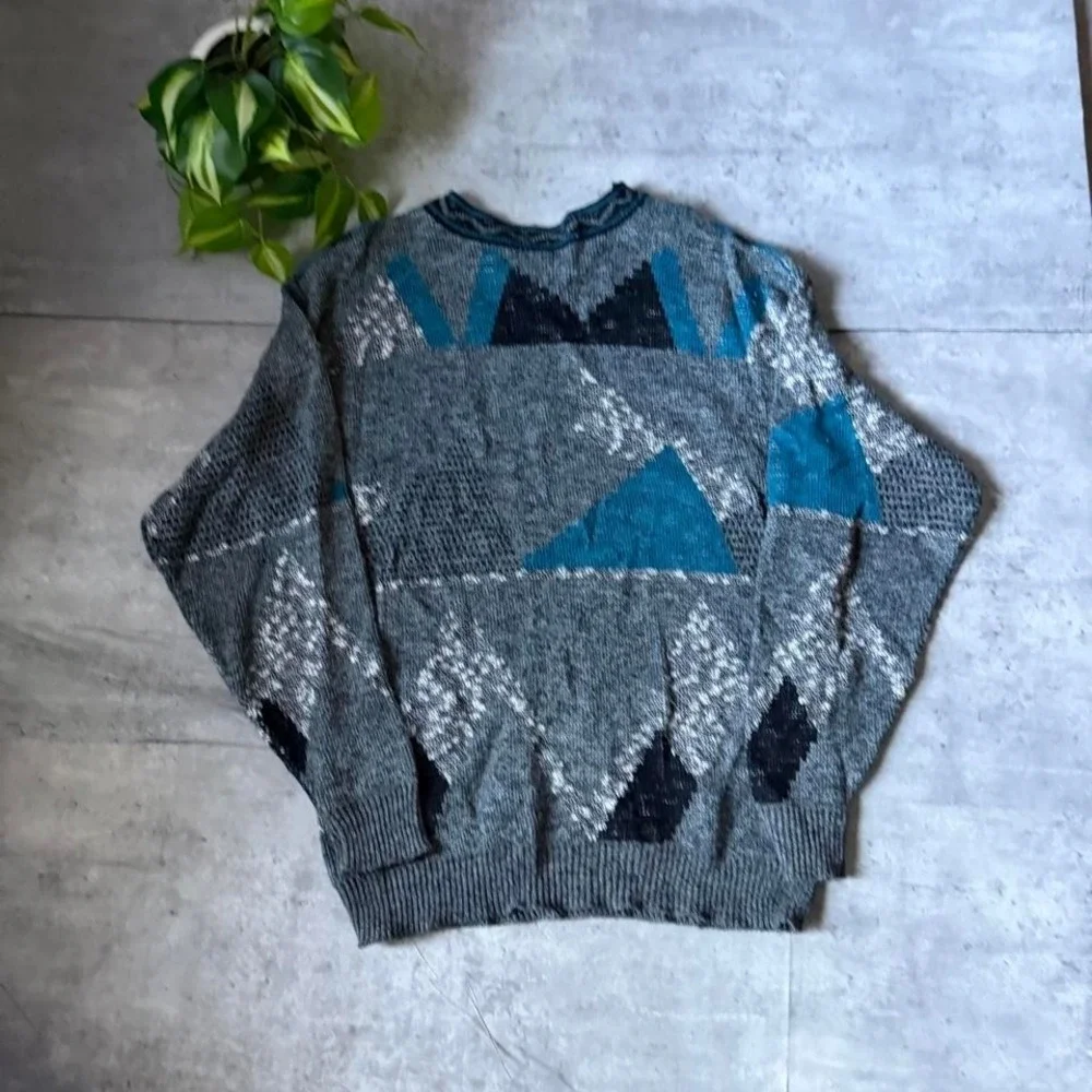 90s XSTATX blue and gray geometric knit surf stussy type sweater